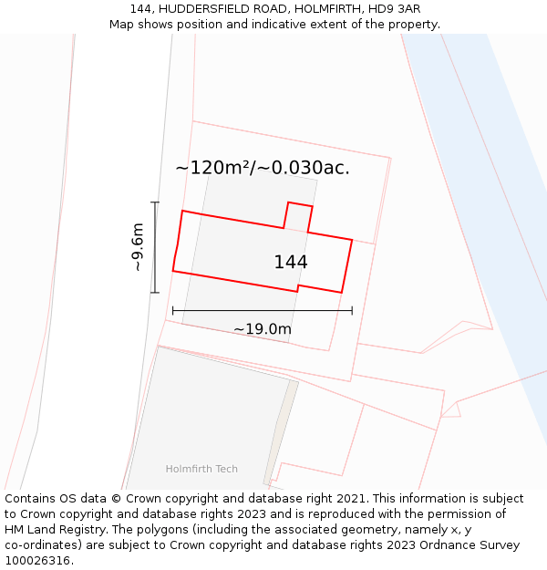 144, HUDDERSFIELD ROAD, HOLMFIRTH, HD9 3AR: Plot and title map
