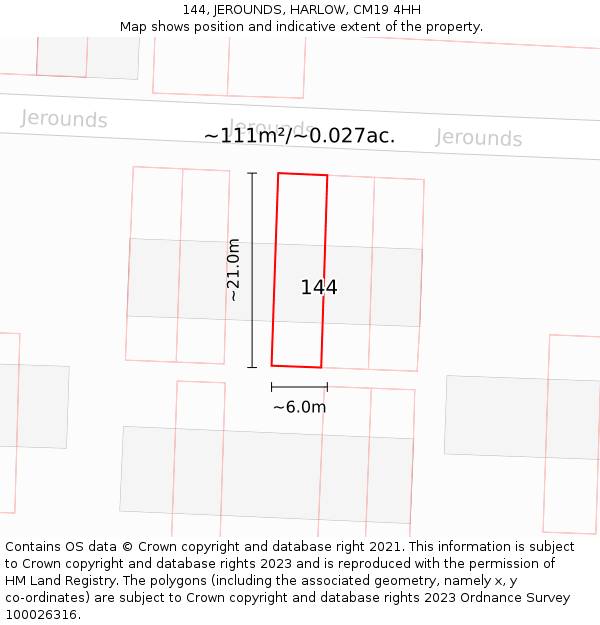 144, JEROUNDS, HARLOW, CM19 4HH: Plot and title map
