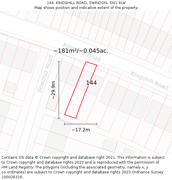 144, KINGSHILL ROAD, SWINDON, SN1 4LW: Plot and title map