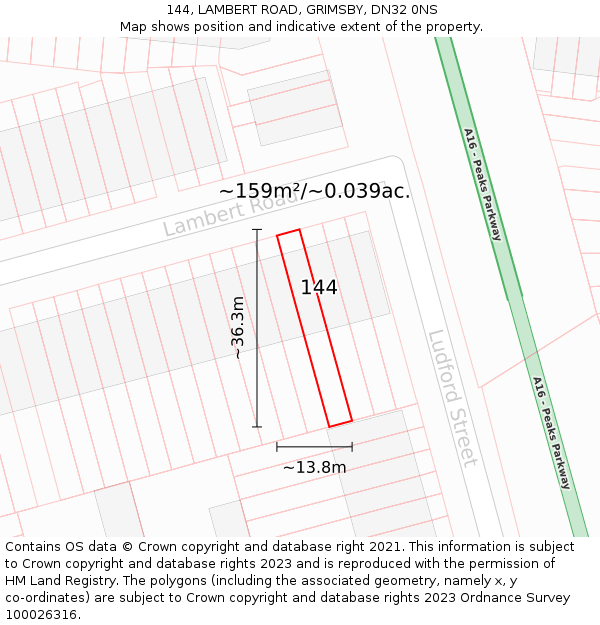 144, LAMBERT ROAD, GRIMSBY, DN32 0NS: Plot and title map