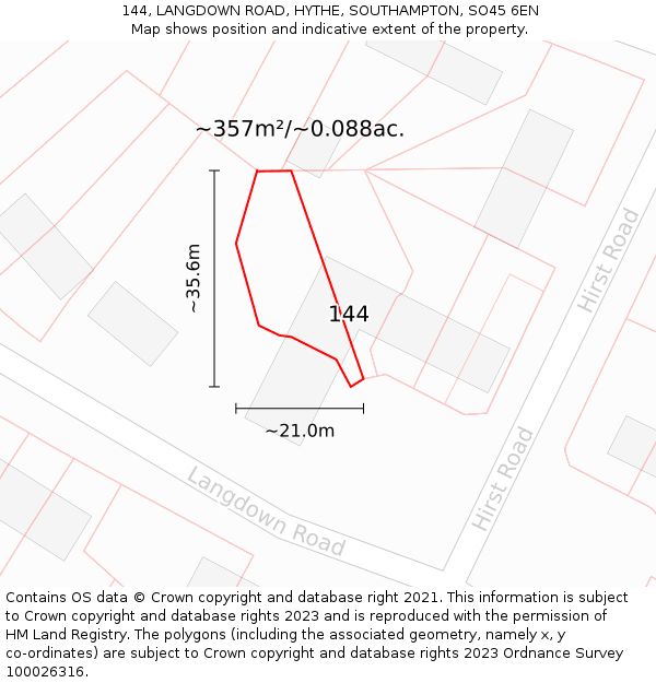 144, LANGDOWN ROAD, HYTHE, SOUTHAMPTON, SO45 6EN: Plot and title map
