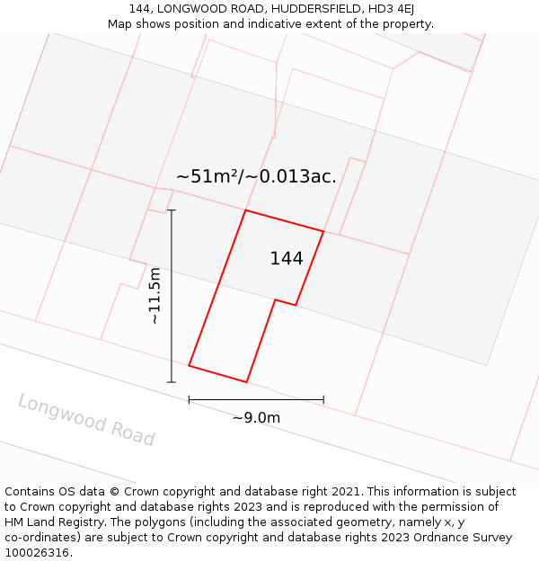 144, LONGWOOD ROAD, HUDDERSFIELD, HD3 4EJ: Plot and title map