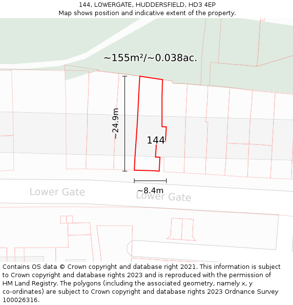 144, LOWERGATE, HUDDERSFIELD, HD3 4EP: Plot and title map