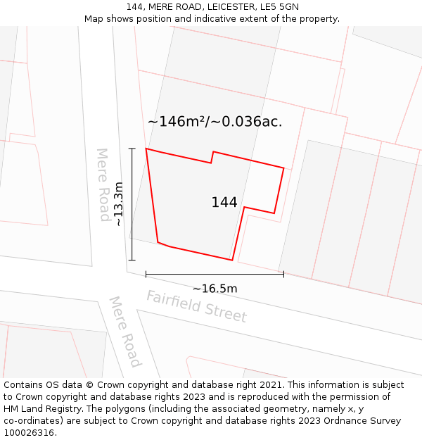 144, MERE ROAD, LEICESTER, LE5 5GN: Plot and title map