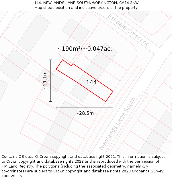 144, NEWLANDS LANE SOUTH, WORKINGTON, CA14 3NW: Plot and title map