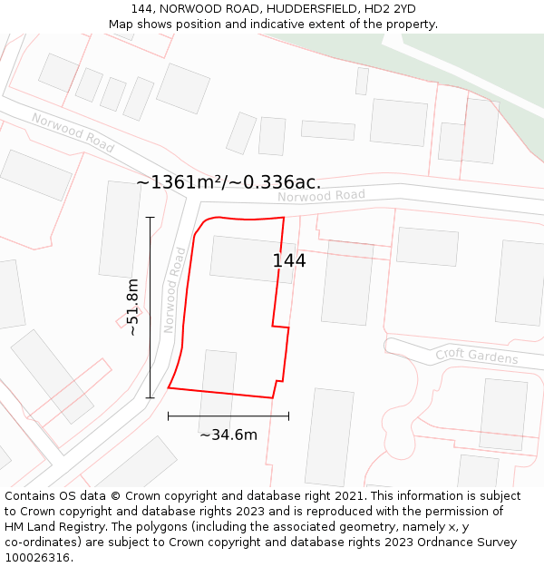 144, NORWOOD ROAD, HUDDERSFIELD, HD2 2YD: Plot and title map