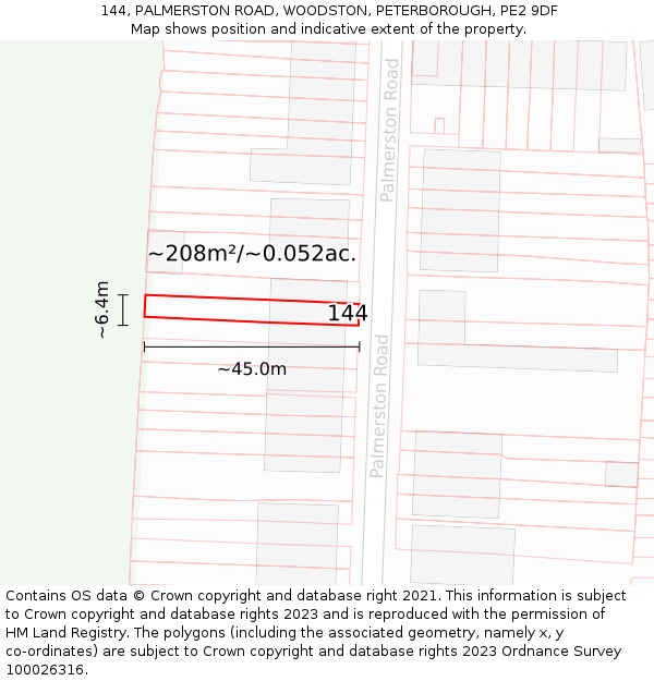 144, PALMERSTON ROAD, WOODSTON, PETERBOROUGH, PE2 9DF: Plot and title map