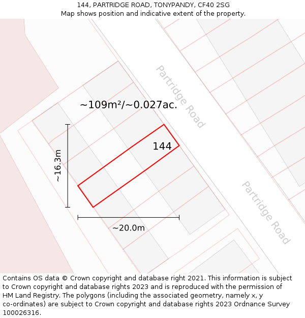 144, PARTRIDGE ROAD, TONYPANDY, CF40 2SG: Plot and title map