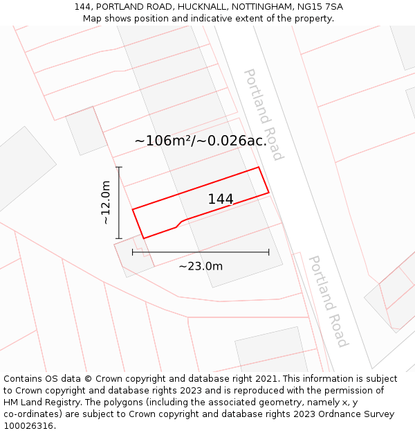 144, PORTLAND ROAD, HUCKNALL, NOTTINGHAM, NG15 7SA: Plot and title map