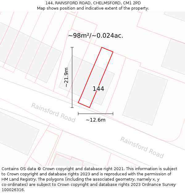 144, RAINSFORD ROAD, CHELMSFORD, CM1 2PD: Plot and title map