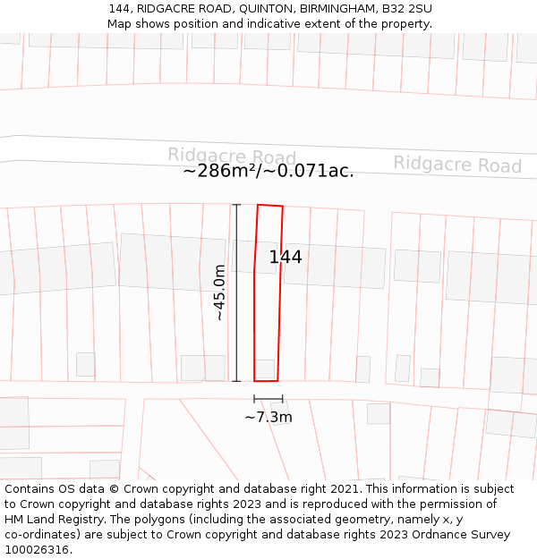 144, RIDGACRE ROAD, QUINTON, BIRMINGHAM, B32 2SU: Plot and title map