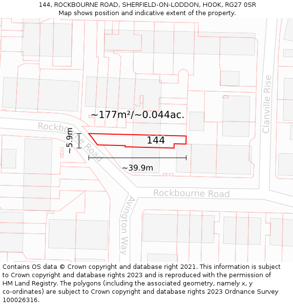 144, ROCKBOURNE ROAD, SHERFIELD-ON-LODDON, HOOK, RG27 0SR: Plot and title map