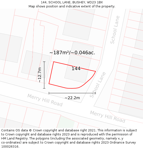 144, SCHOOL LANE, BUSHEY, WD23 1BX: Plot and title map
