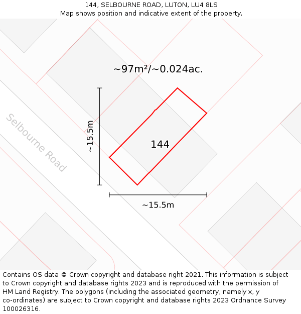144, SELBOURNE ROAD, LUTON, LU4 8LS: Plot and title map