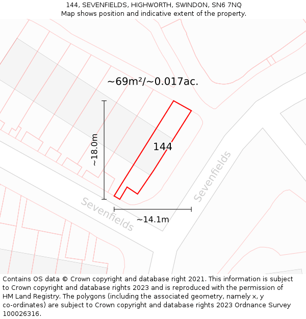 144, SEVENFIELDS, HIGHWORTH, SWINDON, SN6 7NQ: Plot and title map
