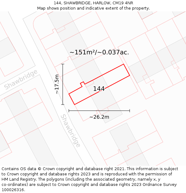 144, SHAWBRIDGE, HARLOW, CM19 4NR: Plot and title map