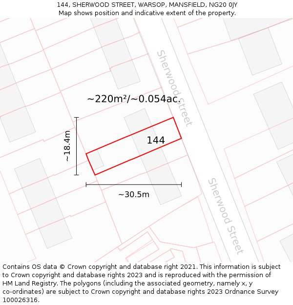 144, SHERWOOD STREET, WARSOP, MANSFIELD, NG20 0JY: Plot and title map