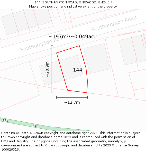 144, SOUTHAMPTON ROAD, RINGWOOD, BH24 1JF: Plot and title map