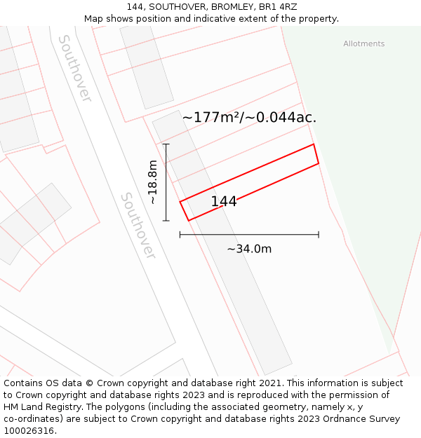 144, SOUTHOVER, BROMLEY, BR1 4RZ: Plot and title map