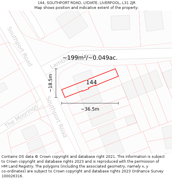 144, SOUTHPORT ROAD, LYDIATE, LIVERPOOL, L31 2JR: Plot and title map