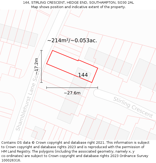 144, STIRLING CRESCENT, HEDGE END, SOUTHAMPTON, SO30 2AL: Plot and title map