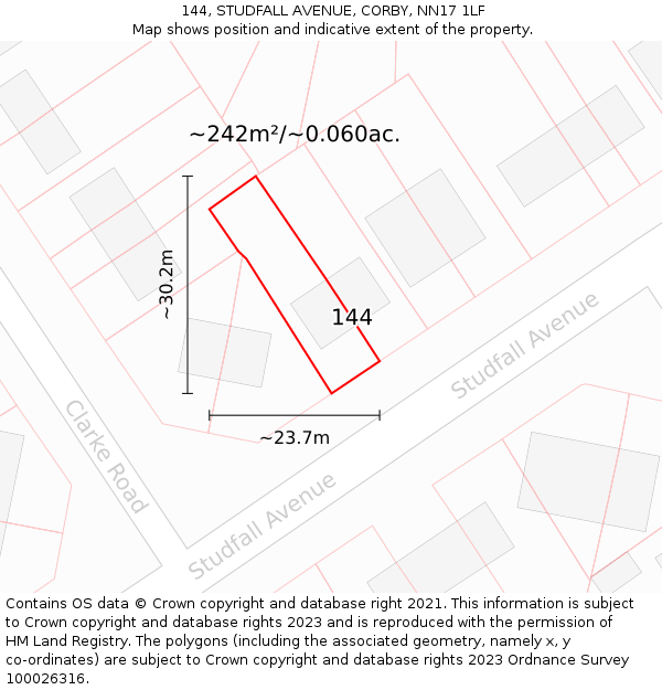 144, STUDFALL AVENUE, CORBY, NN17 1LF: Plot and title map