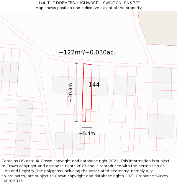 144, THE DORMERS, HIGHWORTH, SWINDON, SN6 7PF: Plot and title map