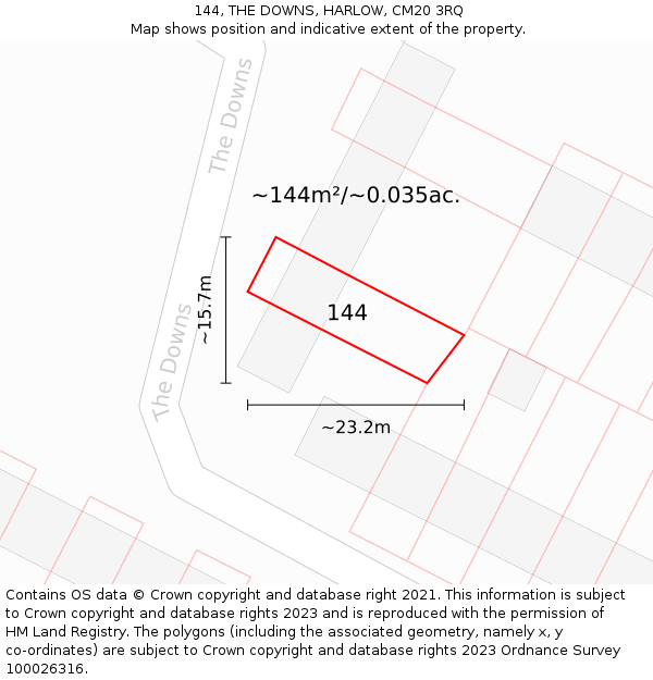 144, THE DOWNS, HARLOW, CM20 3RQ: Plot and title map