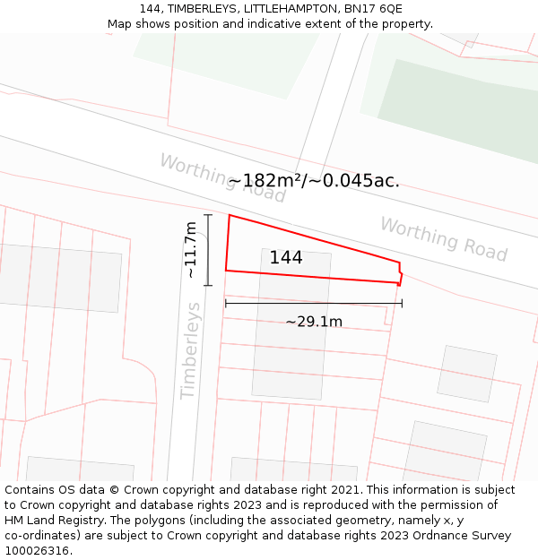 144, TIMBERLEYS, LITTLEHAMPTON, BN17 6QE: Plot and title map