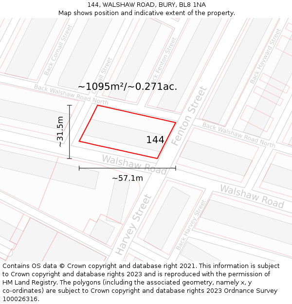 144, WALSHAW ROAD, BURY, BL8 1NA: Plot and title map