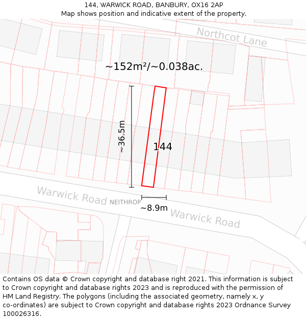 144, WARWICK ROAD, BANBURY, OX16 2AP: Plot and title map