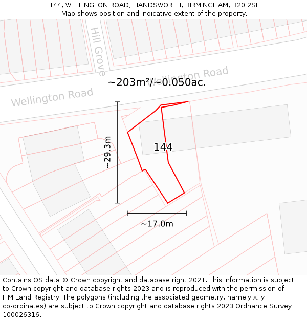 144, WELLINGTON ROAD, HANDSWORTH, BIRMINGHAM, B20 2SF: Plot and title map