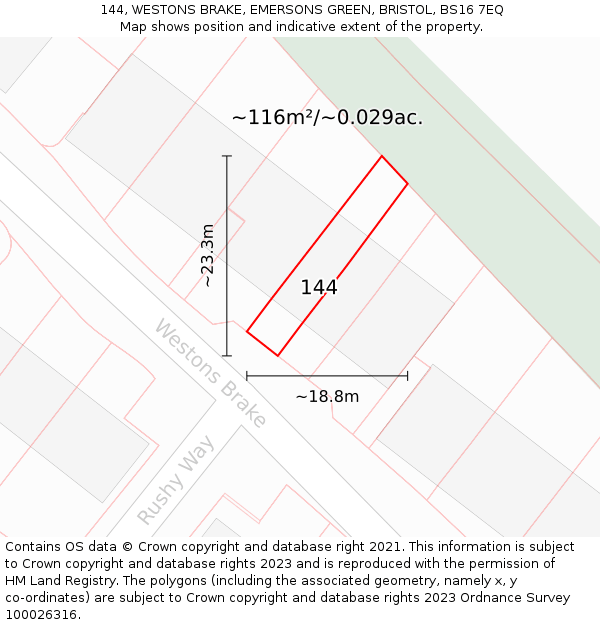 144, WESTONS BRAKE, EMERSONS GREEN, BRISTOL, BS16 7EQ: Plot and title map
