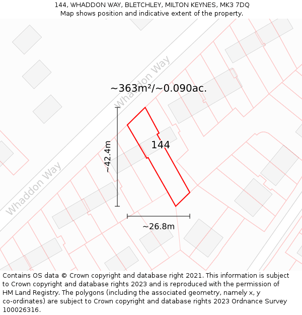 144, WHADDON WAY, BLETCHLEY, MILTON KEYNES, MK3 7DQ: Plot and title map