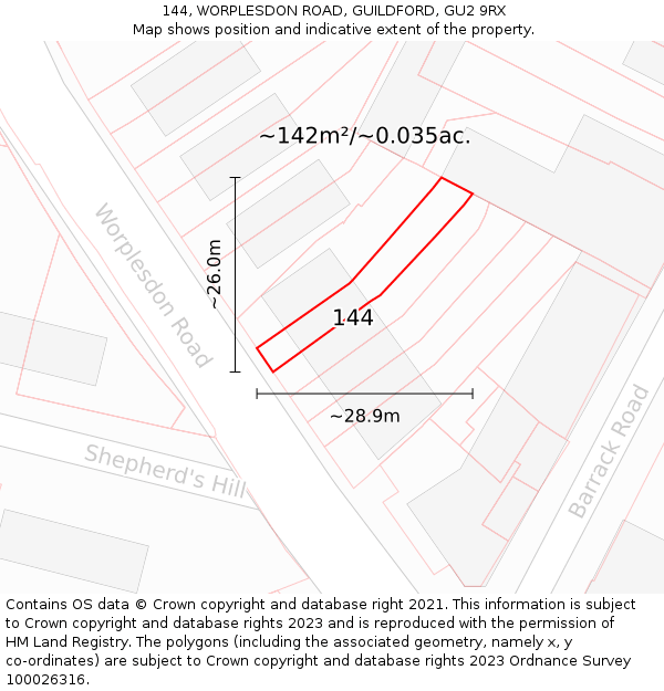 144, WORPLESDON ROAD, GUILDFORD, GU2 9RX: Plot and title map