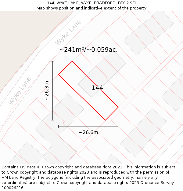 144, WYKE LANE, WYKE, BRADFORD, BD12 9EL: Plot and title map