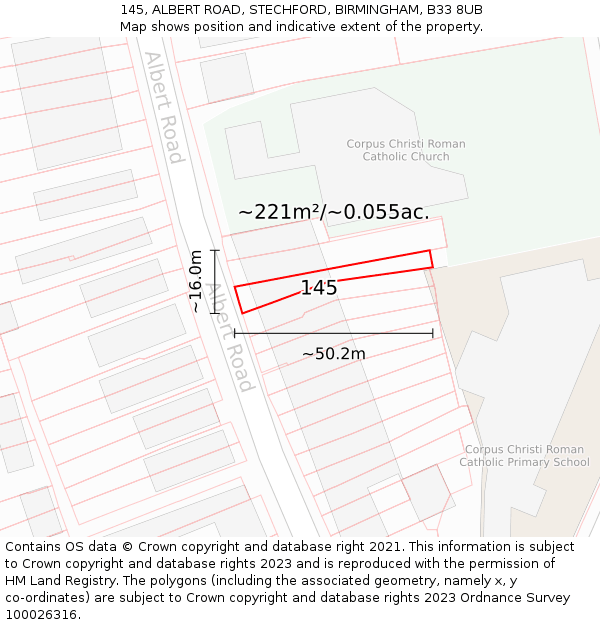 145, ALBERT ROAD, STECHFORD, BIRMINGHAM, B33 8UB: Plot and title map