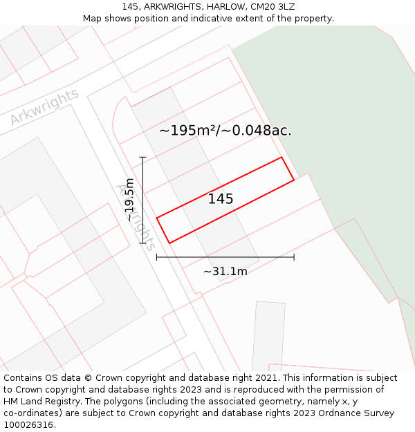 145, ARKWRIGHTS, HARLOW, CM20 3LZ: Plot and title map