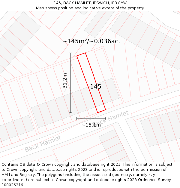 145, BACK HAMLET, IPSWICH, IP3 8AW: Plot and title map