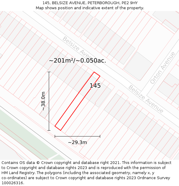 145, BELSIZE AVENUE, PETERBOROUGH, PE2 9HY: Plot and title map