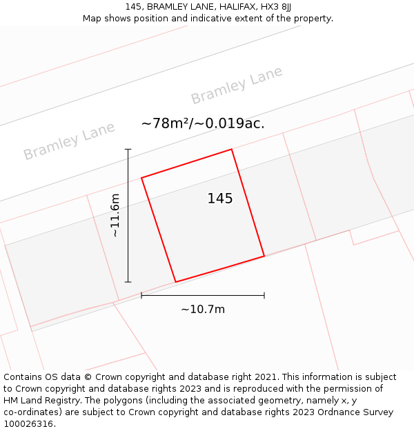 145, BRAMLEY LANE, HALIFAX, HX3 8JJ: Plot and title map