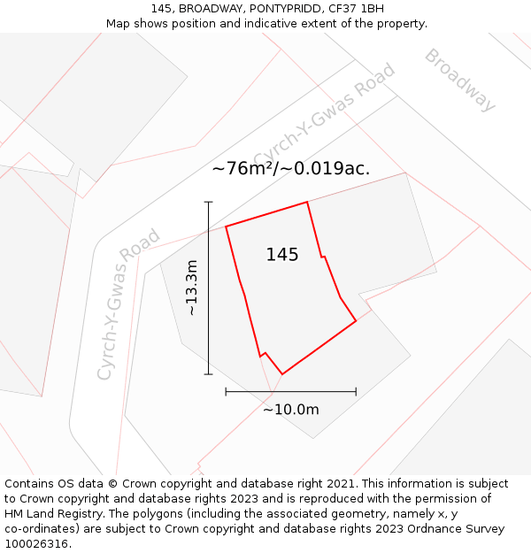 145, BROADWAY, PONTYPRIDD, CF37 1BH: Plot and title map