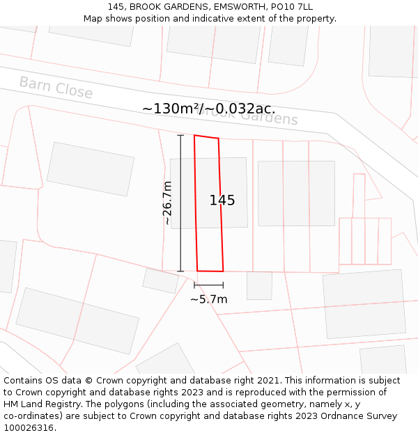 145, BROOK GARDENS, EMSWORTH, PO10 7LL: Plot and title map