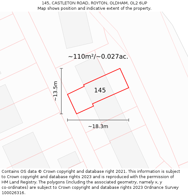 145, CASTLETON ROAD, ROYTON, OLDHAM, OL2 6UP: Plot and title map
