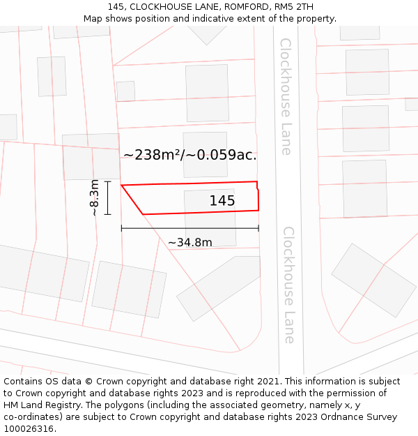 145, CLOCKHOUSE LANE, ROMFORD, RM5 2TH: Plot and title map
