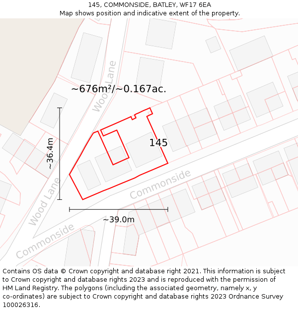 145, COMMONSIDE, BATLEY, WF17 6EA: Plot and title map