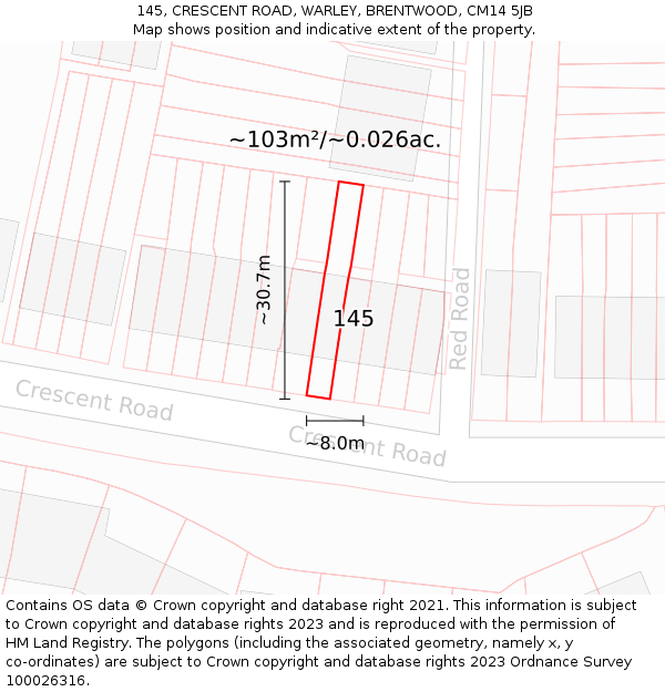 145, CRESCENT ROAD, WARLEY, BRENTWOOD, CM14 5JB: Plot and title map