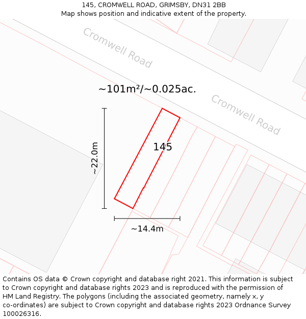 145, CROMWELL ROAD, GRIMSBY, DN31 2BB: Plot and title map