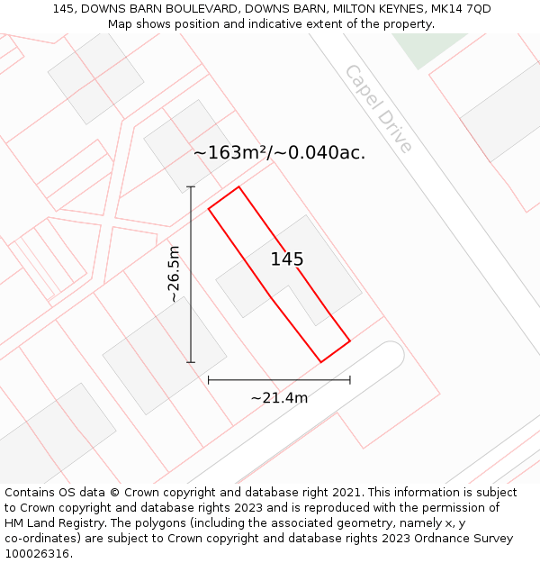 145, DOWNS BARN BOULEVARD, DOWNS BARN, MILTON KEYNES, MK14 7QD: Plot and title map