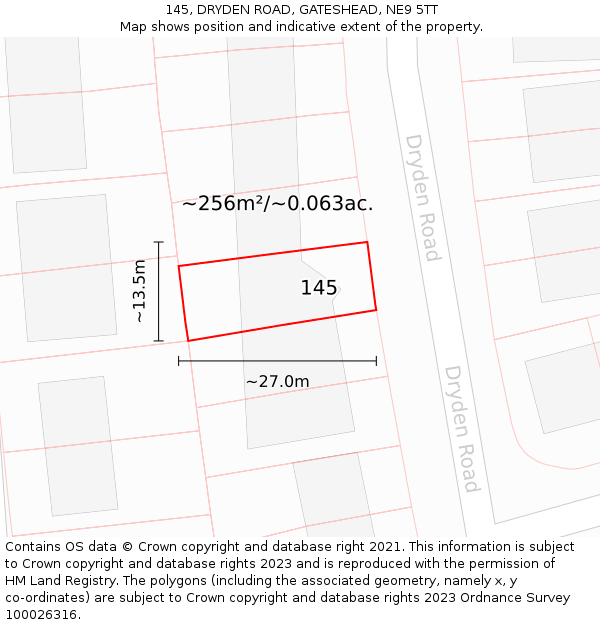 145, DRYDEN ROAD, GATESHEAD, NE9 5TT: Plot and title map